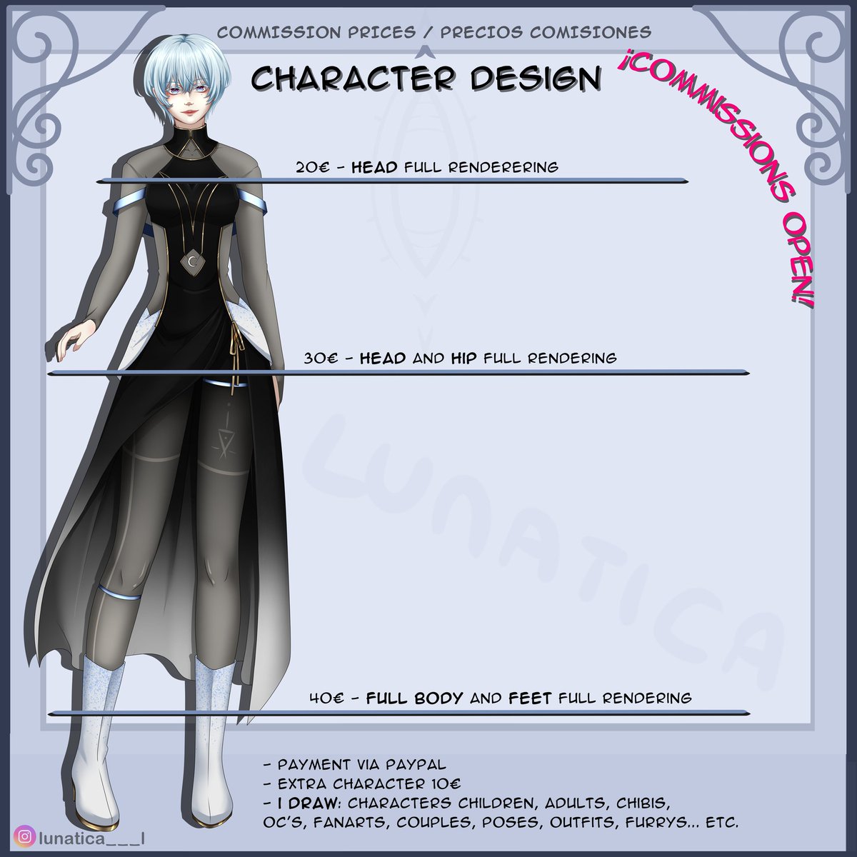 LuLunaStudio's tweet photo. Tabla de precios de comisiones.~ #Commission #commissionsopen #commissionart #artmoots #manwha #manga #anime #characterdesign #chibis #emote #CLIPSTUDIO https://t.co/jm8Zl1B9bP