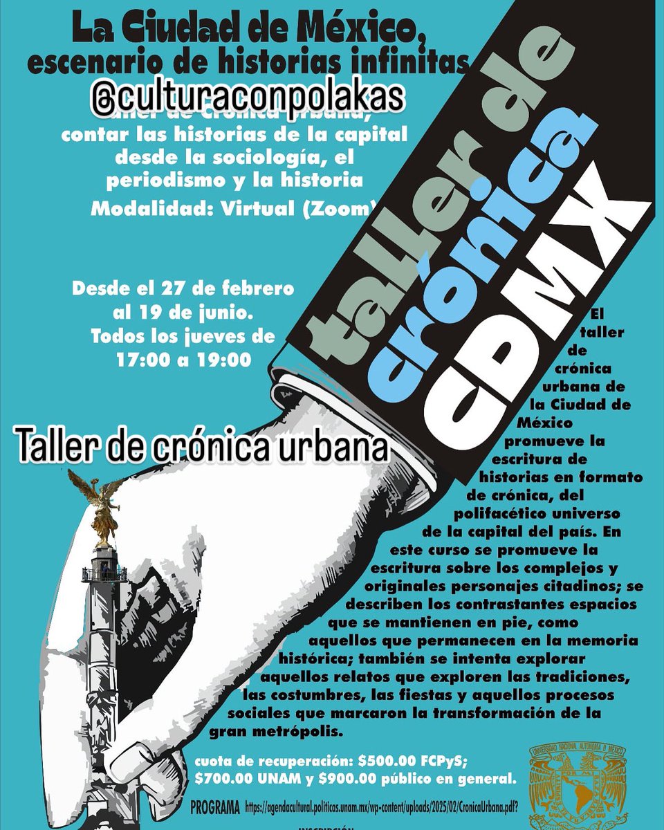 mariopuma's tweet photo. @UNAM_FCPyS Invitadisimos al Taller EXTRACURRICULAR de Crónica Urbana que impartiré de forma virtual. Comenzamos este jueves. https://t.co/PBlCdDvP6X