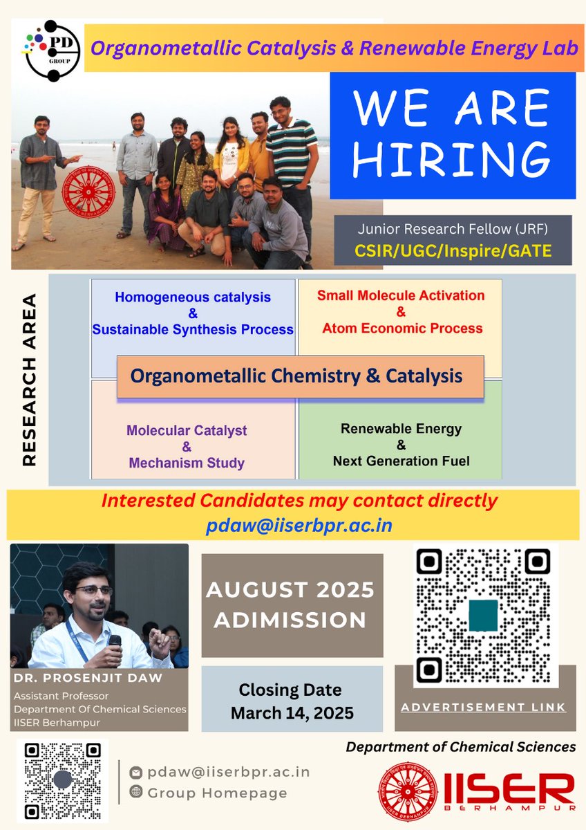 Interested candidates can contact me via email and apply through the application portal.
We are looking for couple of motivated students interested in organometallic chemistry and the homogeneous catalysis research field.
pdaw85.wixsite.com/mysite