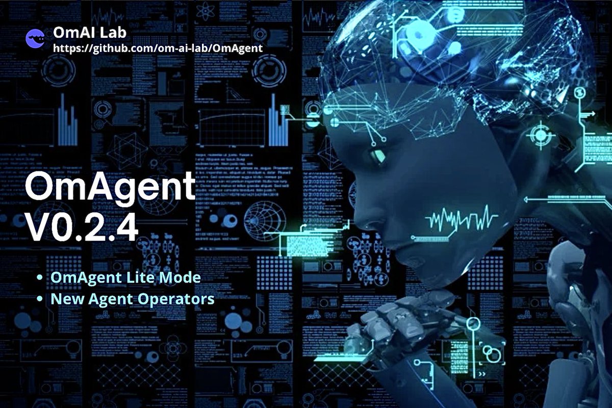 OmAI_lab's tweet photo. 🚀 OmAgent v0.2.4 is here with exciting new features!

🔹 OmAgent Lite mode: No more dependency on Conductor or other middleware! It’s fully Python-based and supports local execution. Just set OMAGENT_MODE=lite to get started.
🔹 All examples now default to Lite mode – no need for Docker or middleware setup!
🔹 New Agent Operators:
RAP [https://t.co/TWiuh3043Z]
General GOT [https://t.co/keXUV5QKHp]
TOT [https://t.co/3djxgCpp9O]
🔹 Various bug fixes for smoother development!

Get started with the latest version and speed up your development process! ⚡ https://t.co/kod8UlXjyI

#AI #OpenSource #OmAgent