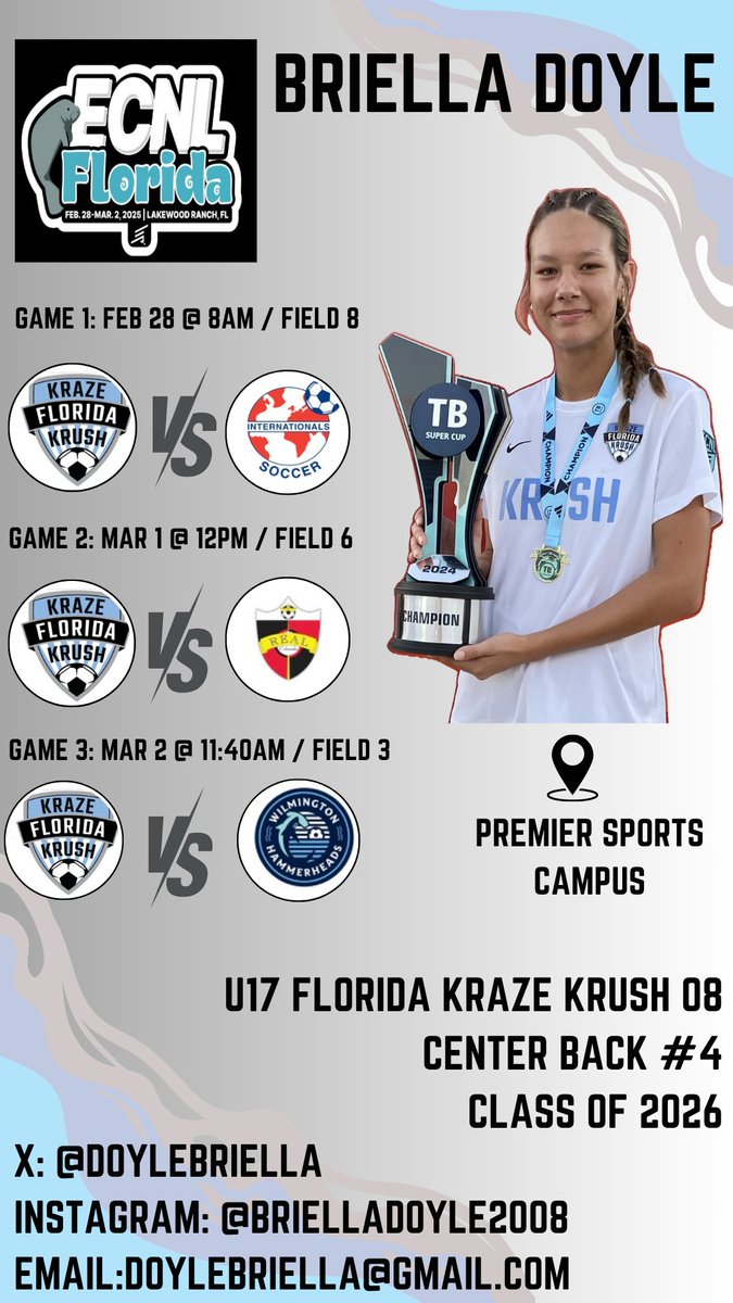 Excited for the upcoming ECNL Florida Spring Showcase this weekend. My team and I are ready to face some tough competition. Hope to see you out there! <a href="/ECNLgirls/">ECNL Girls</a> <a href="/ImYouthSoccer/">ECNL/GA/Recruiting/College Soccer</a> <a href="/FlKrazeKrush/">Florida Kraze Krush</a>
