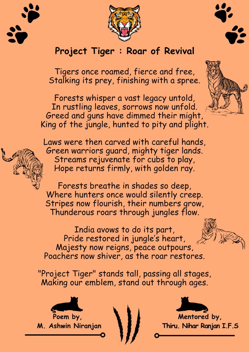Ashwin, a PhD student from Mettupalayam, presents a compelling and thoughtful reflection on Project Tiger.
#projecttiger #tiger #poem  @fcri <a href="/ForestCollege/">Nizar Ali</a>  <a href="/nihar_ifs/">Nihar</a>