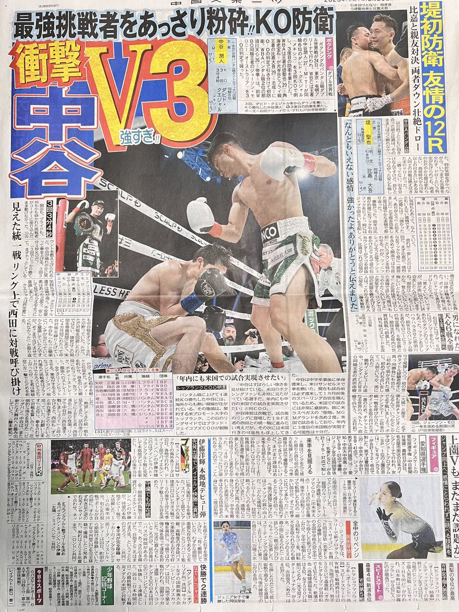 danniera11's tweet photo. 中日スポーツ2/25
ボクシングニュースはこのページに纏められています。(6頁目)
この写真もいいね😊
1頁目ぶち抜きはドラゴンズ
裏一面は番組表。 https://t.co/NBgZI9WRKq