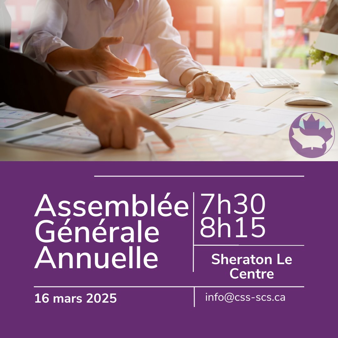 L’assemblée générale annuelle de la SCS aura lieu lors de notre conférence, le 16 mars 2025 de 7h30 à 8h15 (heure de l’Est) au Sheraton Le Centre, Montréal.  Un déjeuner gratuit sera offert.

Pour plus d'information, veuillez visiter notre site web: scs-css.ca/nouvelles/aga-…