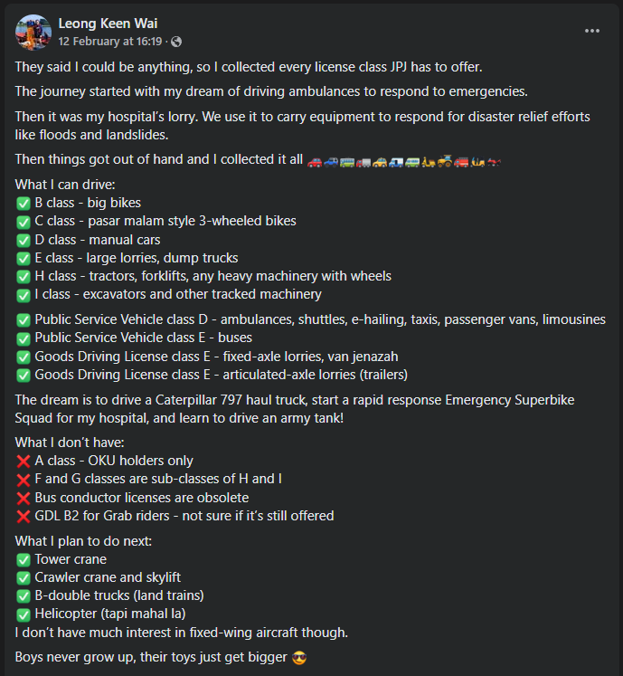luxentX's tweet photo. Check out this guy with 10 different JPJ driving licence classes. He's a Malaysian doctor who wanted to drive the hospital ambulance and got all the different classes after that. https://t.co/3EggXzuyuB