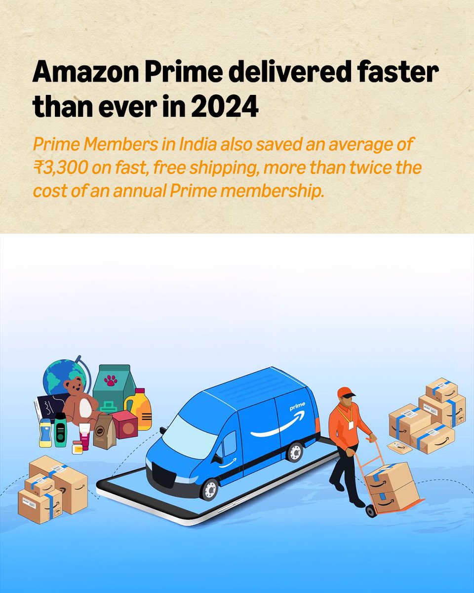 In 2024, Amazon Prime delivered 41+ Cr items the same day or next day, our fastest ever. Read more: bit.ly/41eRQZe