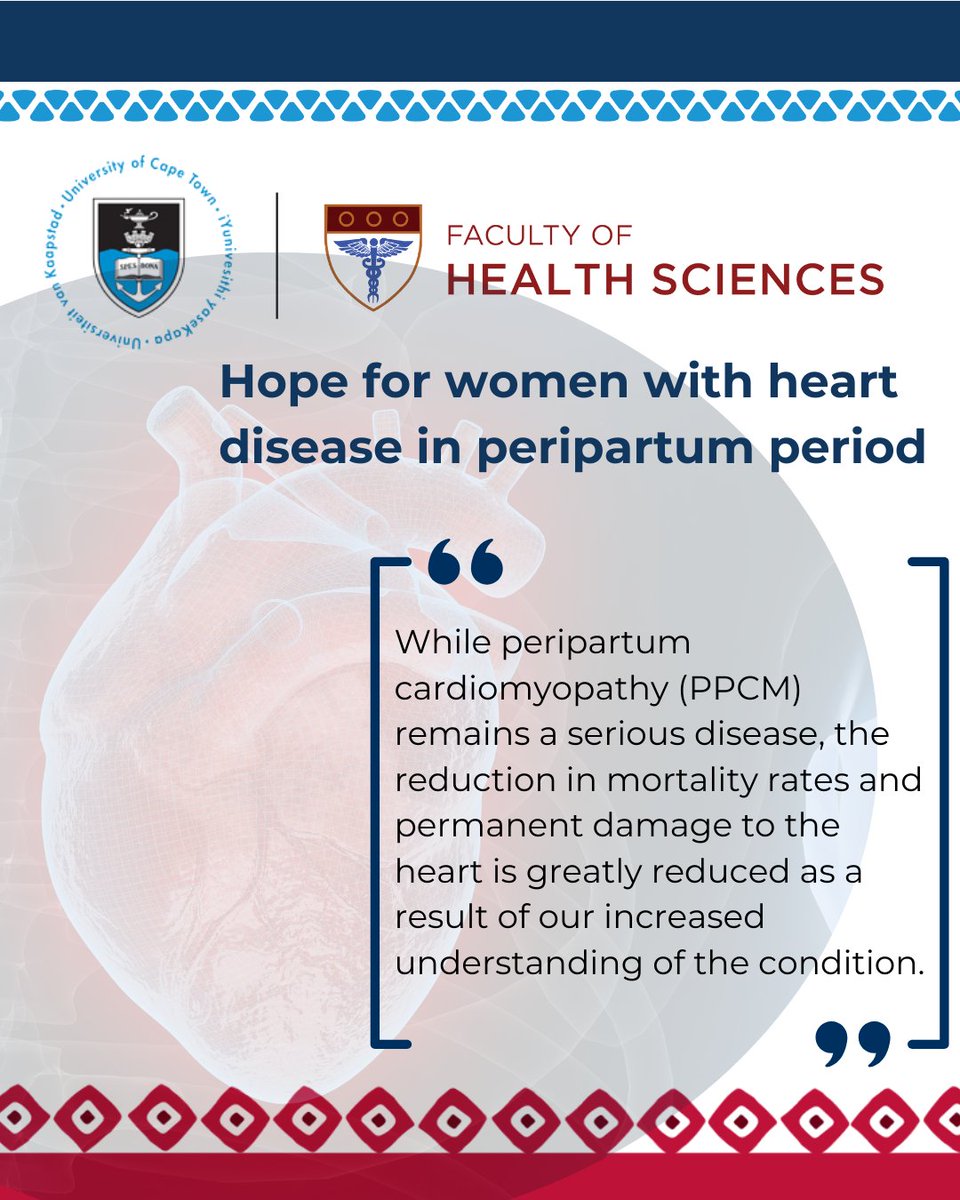 UCT Health Sciences (@ucthealthsci) on Twitter photo Peripartum cardiomyopathy (PPCM) is a life threatening heart disease which afflicts pregnant or postpartum women. <a href="/KarenSliwa/">Karen Sliwa</a> and her team at the <a href="/CHI_UCT/">Cape Heart Institute | Global Medicine</a> have made major strides in treatment and understanding of PPCM.
health.uct.ac.za/news-publicati…
<a href="/UCT_news/">UCT</a> <a href="/UCT_Research/">UCT Research</a> Peripartum cardiomyopathy (PPCM) is a life threatening heart disease which afflicts pregnant or postpartum women. <a href="/KarenSliwa/">Karen Sliwa</a> and her team at the <a href="/CHI_UCT/">Cape Heart Institute | Global Medicine</a> have made major strides in treatment and understanding of PPCM.
health.uct.ac.za/news-publicati…
<a href="/UCT_news/">UCT</a> <a href="/UCT_Research/">UCT Research</a>