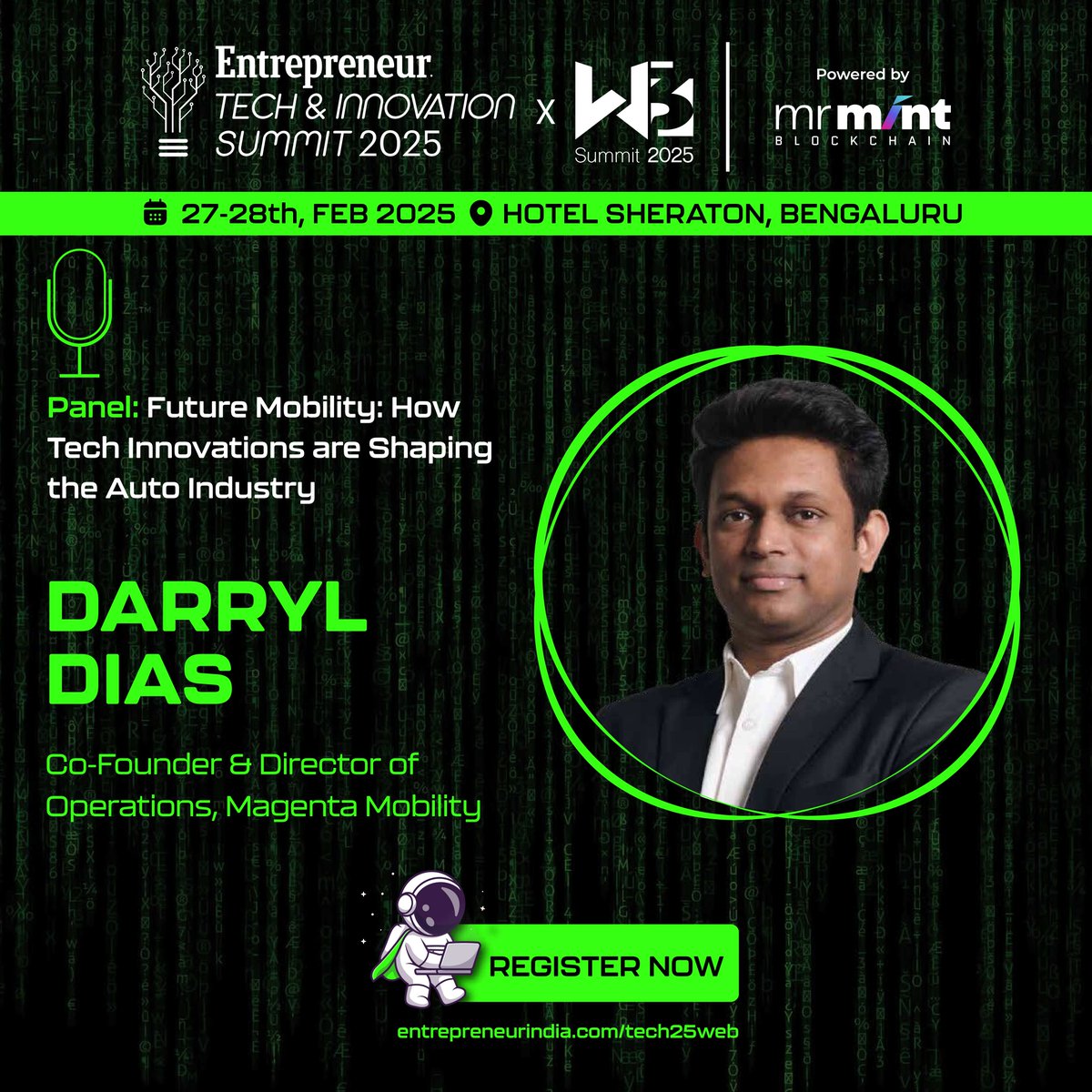 EntrepreneurAPJ's tweet photo. Join Darryl Dias, Co-Founder & Director of Operations, at Magenta Mobility, at the Entrepreneur Tech & Innovation Summit 2025 x W3 Summit!
πRegister now: https://t.co/UyhOZqfB8z
#TechInnovationSummit #FutureMobility #AutoTech #EVRevolution #EntrepreneurSummit https://t.co/zyVxoCxCfX