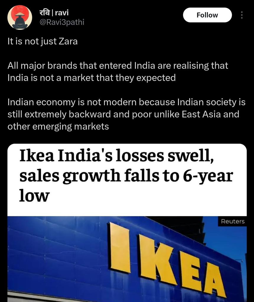 aravind's tweet photo. Dear foreign worshipping, low self-esteem, India berating sheep,

Let me educate your colonized brain on India:

Indians don't really need Zara or IKEA. Local tailor and carpenter do better jobs for better price with better quality local textiles and wood, respectively. https://t.co/5LdrvvRcwZ