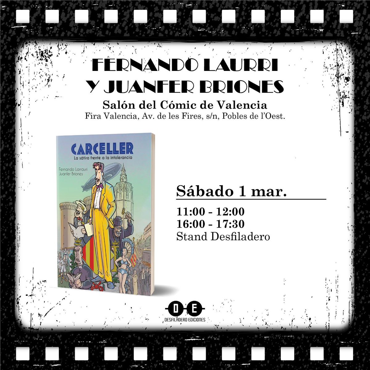 Desfiladero Ed (@desfiladeroe) on Twitter photo Fernando Larrauri y Juanfer Briones <a href="/BrionesJuanfer/">Juanfer Briones</a> estarán en el Salón del Cómic de Valencia <a href="/SalonComicVlc/">Salón del Cómic y del Manga de Valencia</a> firmando ejemplares de 'Carceller. La sátira contra la intolerancia'. ¡¡Te esperamos!! Fernando Larrauri y Juanfer Briones <a href="/BrionesJuanfer/">Juanfer Briones</a> estarán en el Salón del Cómic de Valencia <a href="/SalonComicVlc/">Salón del Cómic y del Manga de Valencia</a> firmando ejemplares de 'Carceller. La sátira contra la intolerancia'. ¡¡Te esperamos!!
