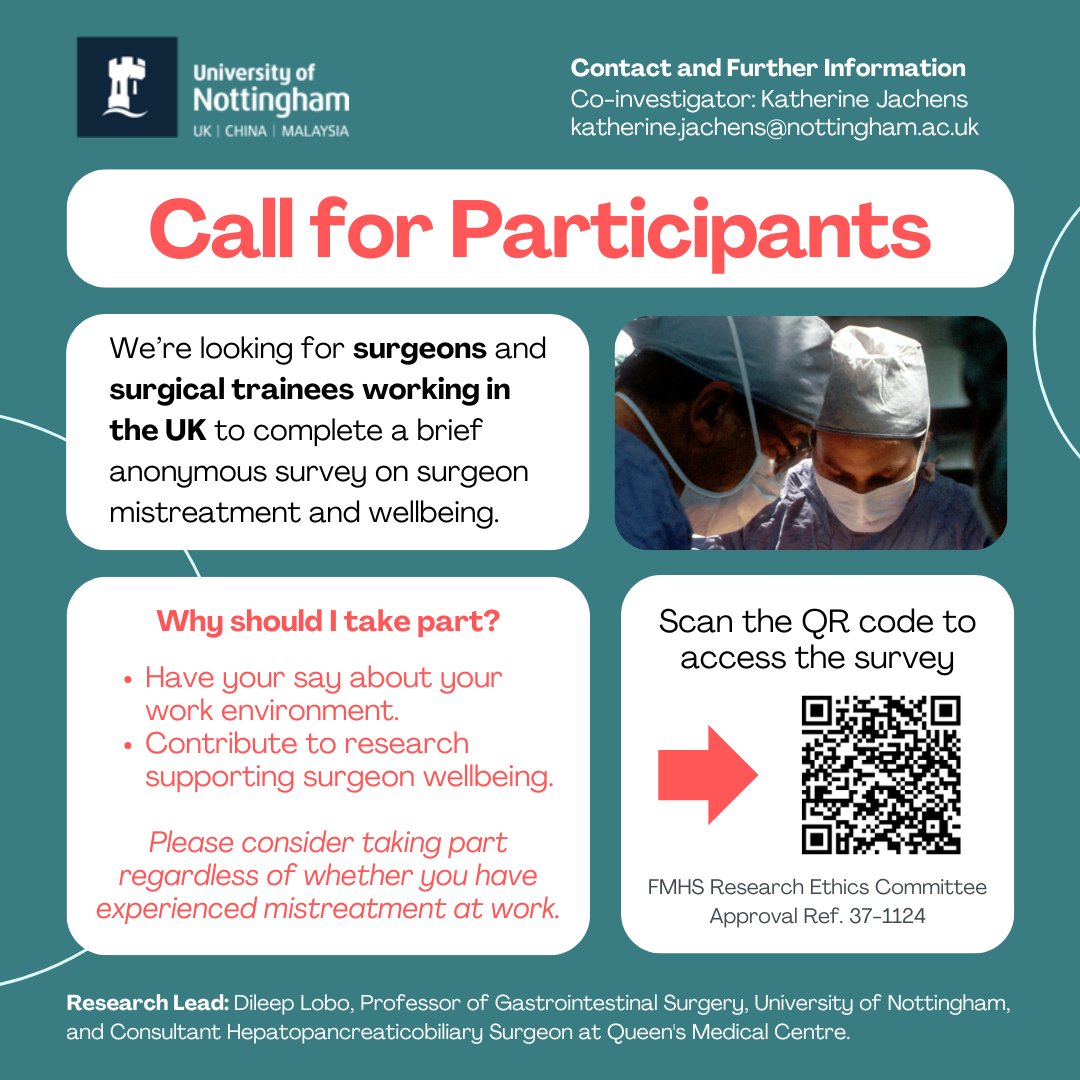 Mistreatment and Wellbeing UK Surgery Study (@surgwelluk) on Twitter photo We’re recruiting UK-based surgeons and surgical trainees to take part in an anonymous survey (approx. 10 minutes) on mistreatment and wellbeing. Use this link to participate: app.onlinesurveys.jisc.ac.uk/s/nottingham/m… We’re recruiting UK-based surgeons and surgical trainees to take part in an anonymous survey (approx. 10 minutes) on mistreatment and wellbeing. Use this link to participate: app.onlinesurveys.jisc.ac.uk/s/nottingham/m…