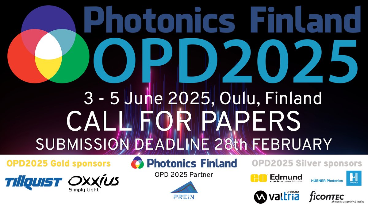 Submit your academic abstract for Optics and Photonics Days 2025 by February 28th and showcase your research at Finland’s top photonics event, taking place June 3-5 in Oulu. Submit now! 👉 photonics.fi/opd2025/submis…
#photonics #optics #OPD2025 #conference #academia