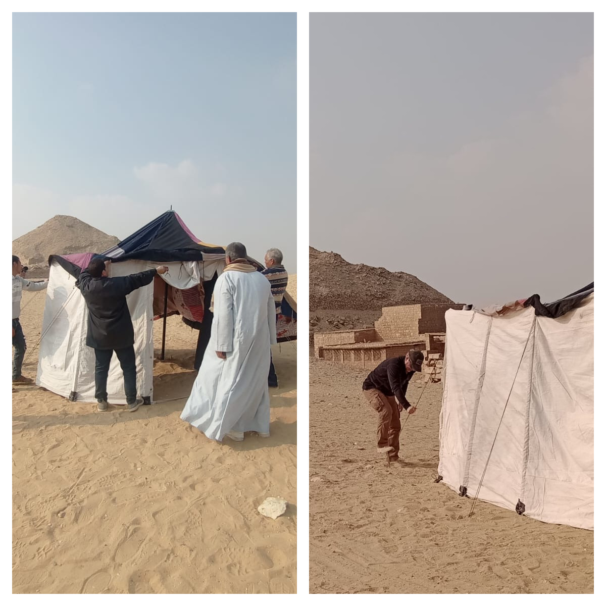 MastabaFaraona's tweet photo. ⛺ Namiot pustynny na misji to jedyna ochrona przed słońcem i pyłem. Niestety nie chroni przed deszczem, przez co nawet rzadkie opady stają się wyzwaniem.

#archeologia #PolscyArcheolodzy #Egipt #MisjaMastaba #Sakkara #FundacjaUmbraOrientis #IKŚOPAN https://t.co/f58huPHdkH