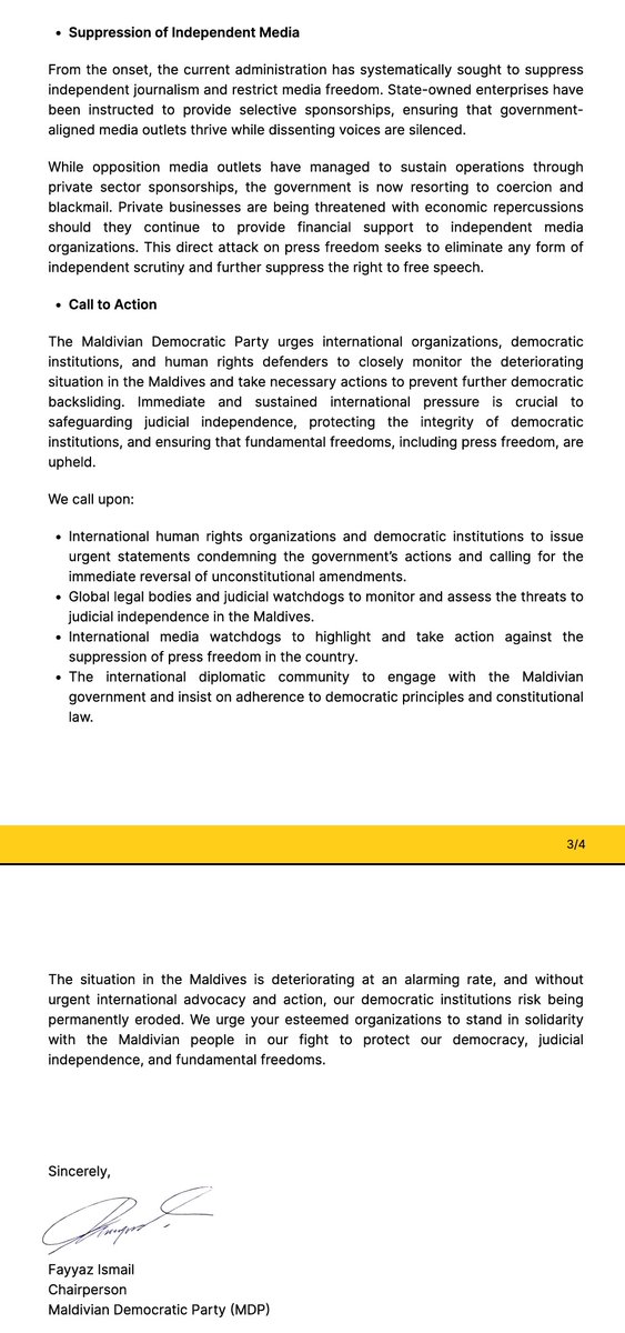 Maldives Opposition party, MDP issues a statement in the aftermath of Judges suspension; Says, 'democratic institutions risk being permanently eroded'