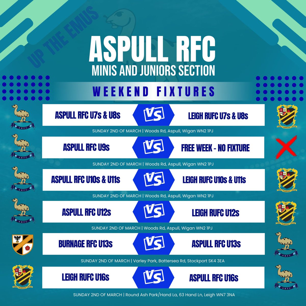 Fixtures for this weekend, as always fantastic to see 4 senior teams on display and a packed out minis section playing on the Sunday.

Clubhouse will be open serving the finest food and ales a an always 

Up the emus &amp; shemus