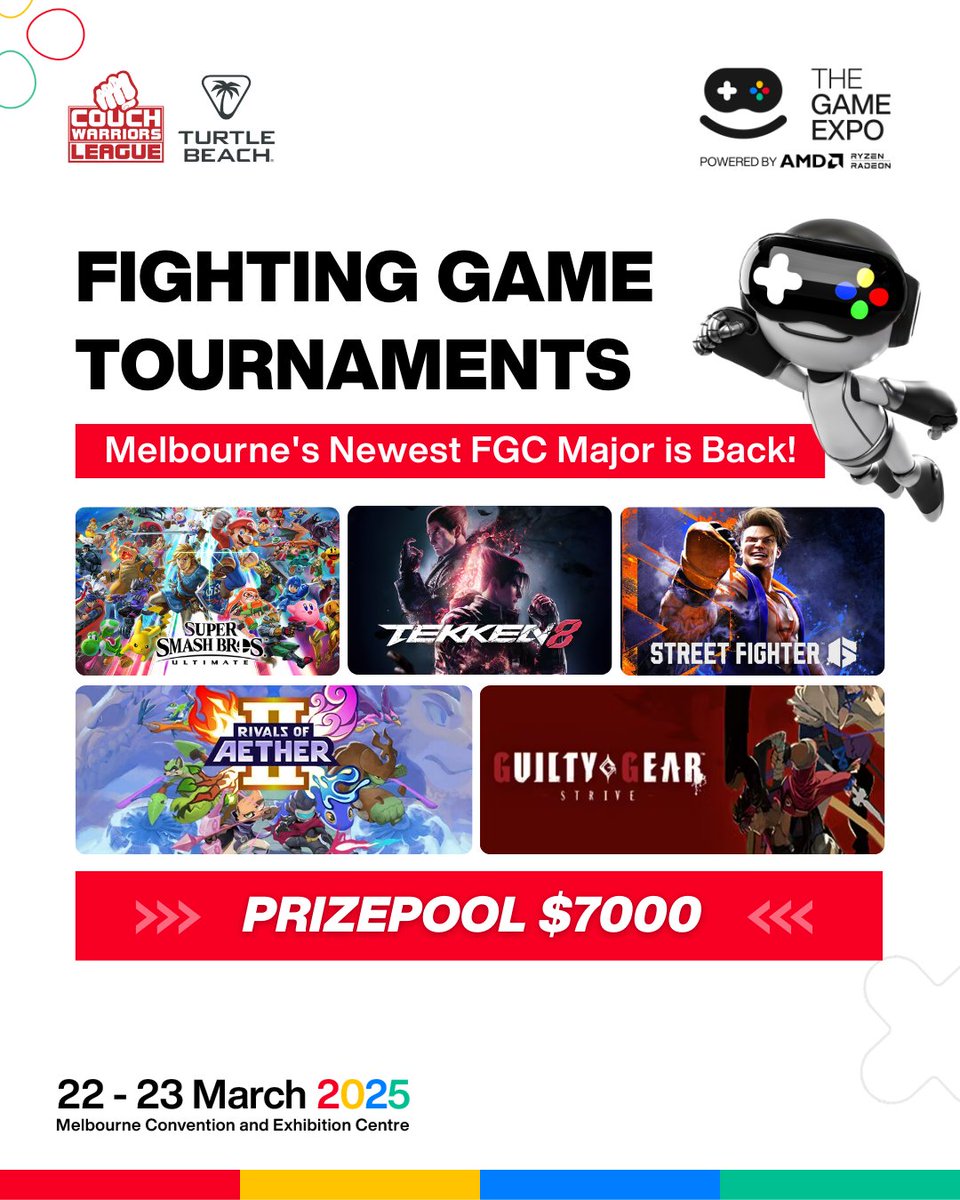 TheGameExpo - TGX (@thegameexpo) on Twitter photo It wouldn't be #TheGameExpo without Fighting Game tournaments! 👊
And this time Melbourne's newest FGC major has a prizepool of $7k 💥
We can't wait to welcome back the Fighting Game community back to #TGX for the ultimate battle 👀
<a href="/CouchWarriors/">CouchWarriors</a> <a href="/TurtleBeach/">Turtle Beach</a> It wouldn't be #TheGameExpo without Fighting Game tournaments! 👊
And this time Melbourne's newest FGC major has a prizepool of $7k 💥
We can't wait to welcome back the Fighting Game community back to #TGX for the ultimate battle 👀
<a href="/CouchWarriors/">CouchWarriors</a> <a href="/TurtleBeach/">Turtle Beach</a>