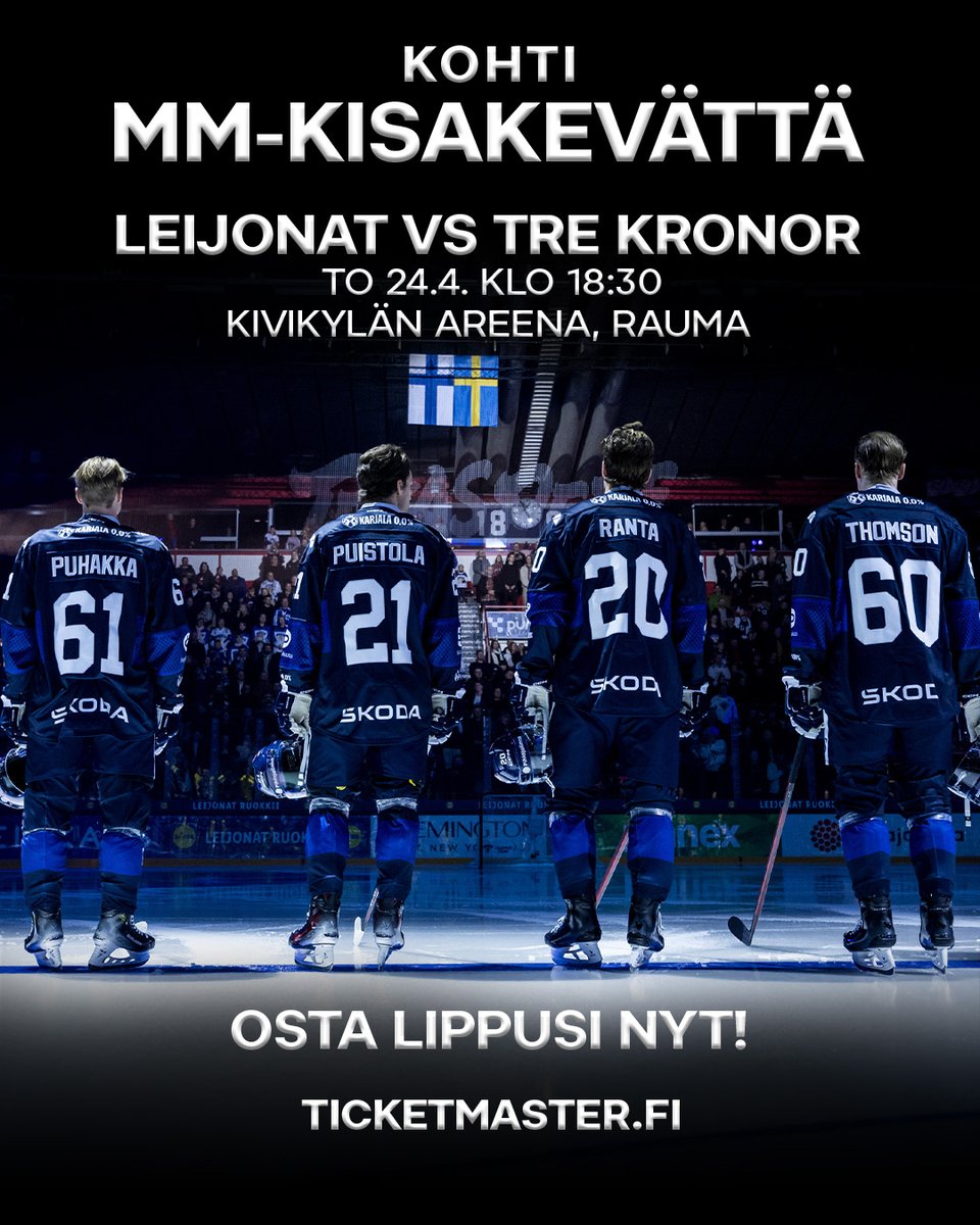 Liput myynnissä! 🦁

Leijonat tekee odotetun paluun Raumalle 24.4. – varmista paikkasi huippuottelusta nyt 🌟

🎫 Liput ➡️ ticketmaster.fi/event/suomi-ru…
📝 Lue lisää tapahtumasta ➡️ raumanlukko.fi/uutiset/leijon…

#Lukko #Liiga