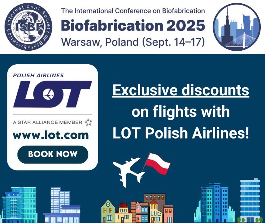 ISBF Biofabrication 2025 (@biofab2025) on Twitter photo 💥 Great news! If you're planning to join us for the #ISBFWarsaw2025 International Society for Conference in Warsaw, you can enjoy exclusive discounts on flights with LOT Polish Airlines! <a href="/ISBioFab/">Intl Soc Biofab</a>
🎟️ Promo code: 01ISB25
🔗 Book now: biofabrication2025.org/official-congr… 💥 Great news! If you're planning to join us for the #ISBFWarsaw2025 International Society for Conference in Warsaw, you can enjoy exclusive discounts on flights with LOT Polish Airlines! <a href="/ISBioFab/">Intl Soc Biofab</a>
🎟️ Promo code: 01ISB25
🔗 Book now: biofabrication2025.org/official-congr…