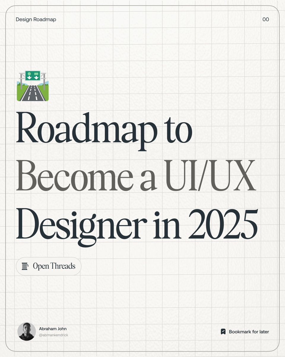 Abmankendrick's tweet image. Here&apos;s a complete roadmap to becoming a UI/UX Designer in 2025 (With Free Design Resources).

Repost to share with others 💜

🧵Open thread👇