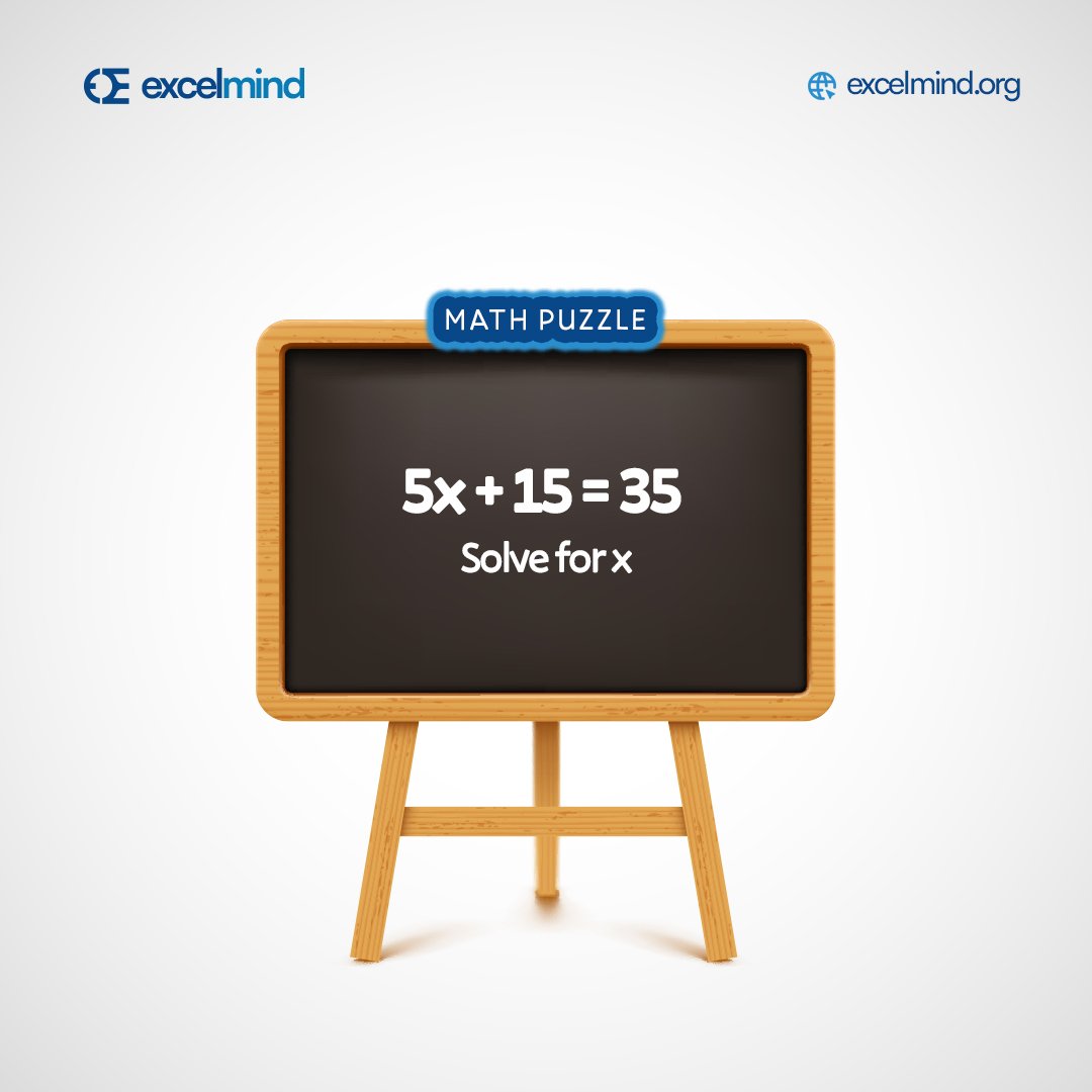 joinexcelmind's tweet image. Can you solve this in 30 seconds? ⏱

Let’s go! Quick: Solve for x. 5x + 15 = 35.

#ExcelMind 
#MathsQuiz