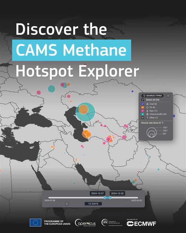 Have you checked out the CAMS Methane Hotspot Explorer app? Visualise CH4 plumes and identify their sources with this cutting-edge tool developed with the Netherlands Institute for Space Research.

Read more atmosphere.copernicus.eu/cams-methane-h…

#CopernicusAtmosphere
