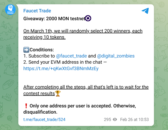 faucet_trade's tweet photo. Giveaway tokens MON testnet in Telegram - https://t.co/VsucqNIBzf https://t.co/sIx7jFEu7G