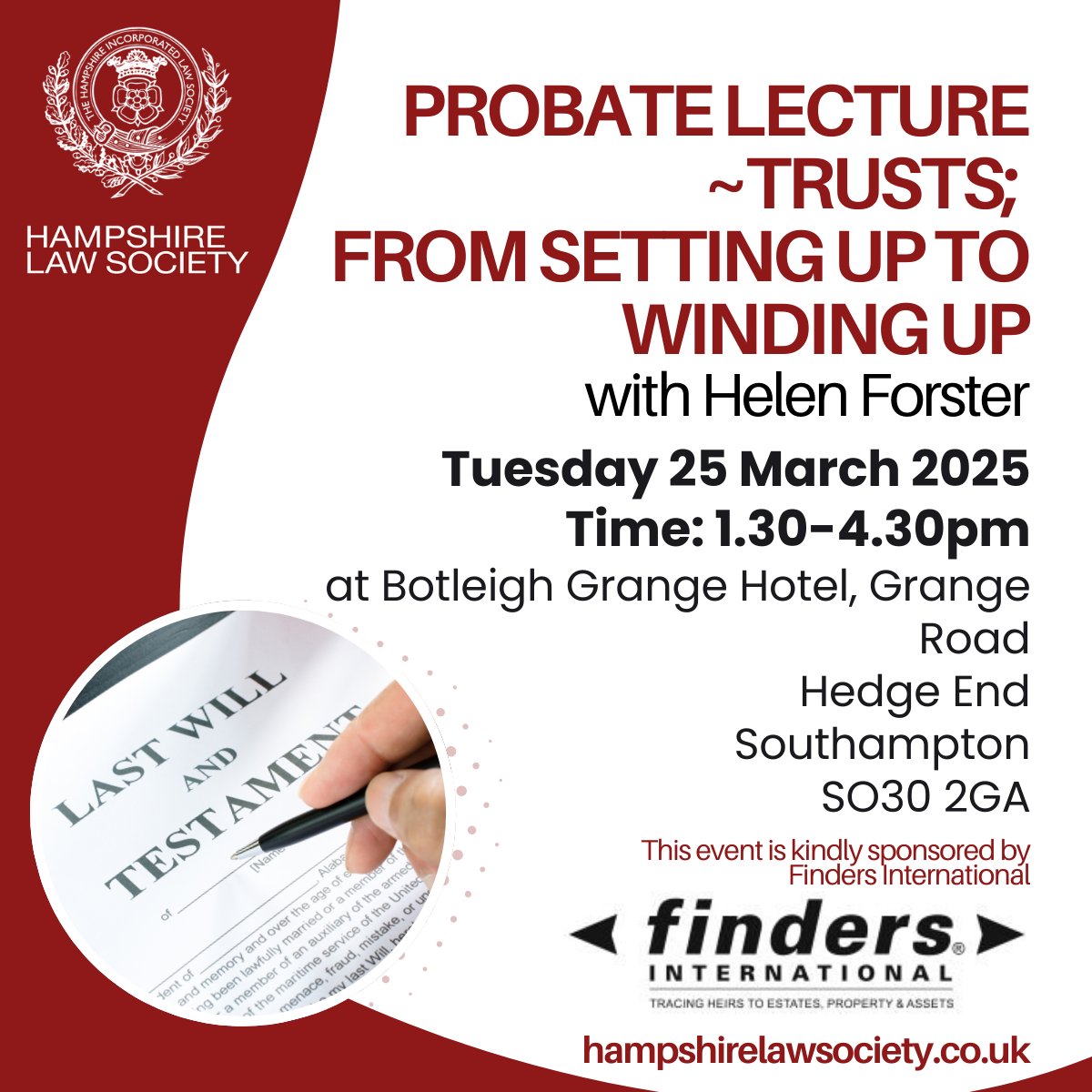 Hants Law Society (@hampshirelawsoc) on Twitter photo We’re pleased to invite you to our Probate Lecture with Helen Forster, a specialist in Trusts, Wills and Probate.
📅25 March
🕒1:30-4:30 pm
📍Botleigh Grange Hotel, SO30 2GA
Learn more - please visit hampshirelawsociety.co.uk/event/probate-…
This event is kindly sponsored by <a href="/FindersHH/">Heir Hunters</a> ❤️ We’re pleased to invite you to our Probate Lecture with Helen Forster, a specialist in Trusts, Wills and Probate.
📅25 March
🕒1:30-4:30 pm
📍Botleigh Grange Hotel, SO30 2GA
Learn more - please visit hampshirelawsociety.co.uk/event/probate-…
This event is kindly sponsored by <a href="/FindersHH/">Heir Hunters</a> ❤️