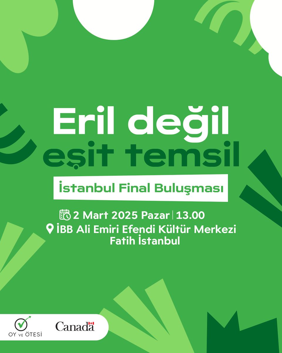 Oy ve Ötesi olarak 2014 yılından bu yana hep birlikte Türkiye'de katılımcı demokrasi anlayışının yerleşmesine katkıda bulunmak için sandık başında başlayan yolculuğumuzun #Ötesi: “Eril Değil Eşit Temsil!“

Kanada Büyükelçiliği Kanada Yerel Girişimler Fonu (CFLI) desteğiyle