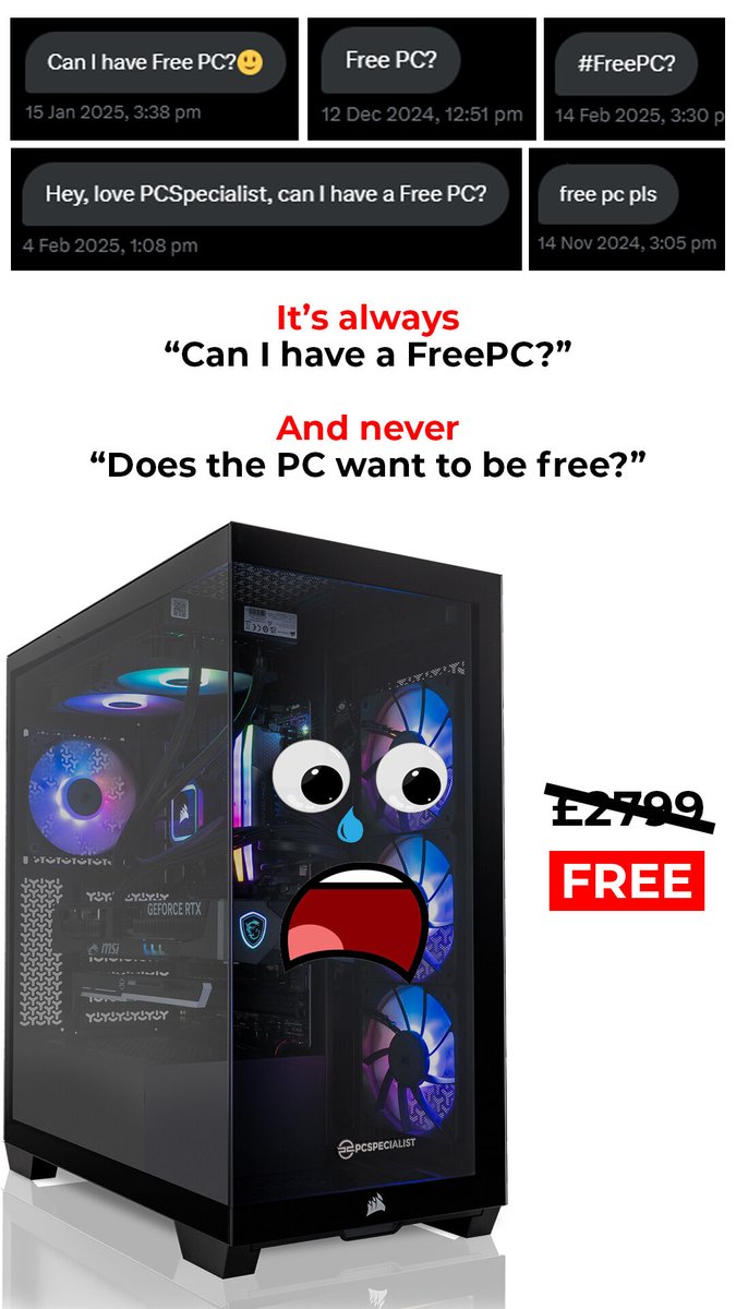 PCSpecialist's tweet image. Think about how the PC feels 😢 #FreePC