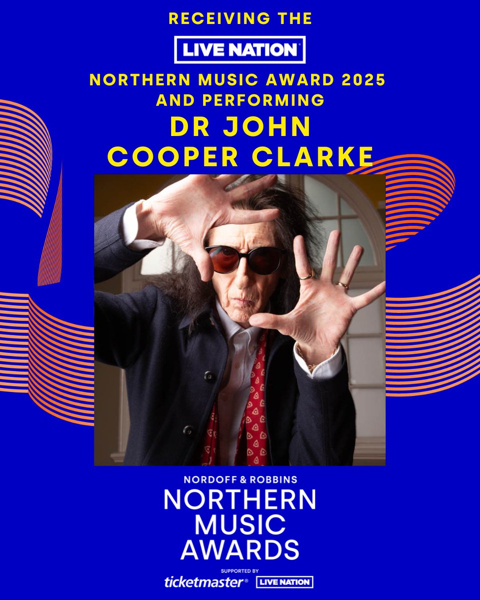 Nordoff and Robbins (@nordoffrobbins) on Twitter photo We're buzzing to announce that <a href="/official_jcc/">John Cooper Clarke</a> will receive the <a href="/LiveNationUK/">Live Nation UK</a> Northern Music Award 2025!
He will also treat us to a performance of his poetry at the Northern Music Awards 🙌
Get your tickets bit.ly/NMA-2025 We're buzzing to announce that <a href="/official_jcc/">John Cooper Clarke</a> will receive the <a href="/LiveNationUK/">Live Nation UK</a> Northern Music Award 2025!
He will also treat us to a performance of his poetry at the Northern Music Awards 🙌
Get your tickets bit.ly/NMA-2025