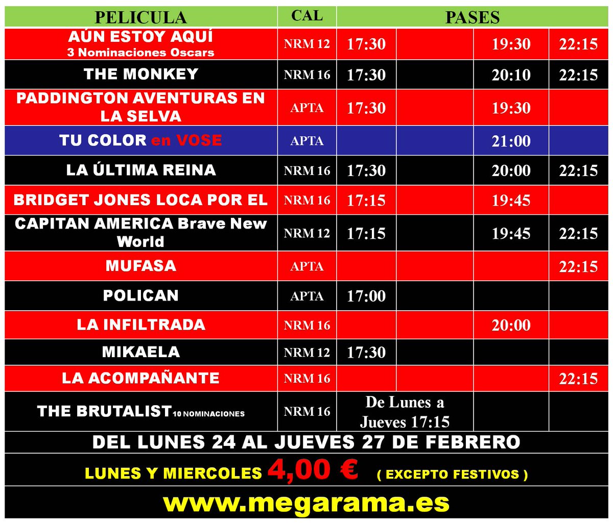 CINESALAMANCA's tweet photo. #Miercoles
@CINESALAMANCA
#diadelespectador por sólo 4,00 €
a disfrutar de nuevos estrenos #paddingtonaventuraenlaselva #TheMonkeyMovie #tucolor en #VOSE #laultimareina y con 3 nominaciones a los #Oscars2025 #AunEstoyAqui además #capitanamericabravenewworld #LaInfiltrada https://t.co/DDorDGaXSV