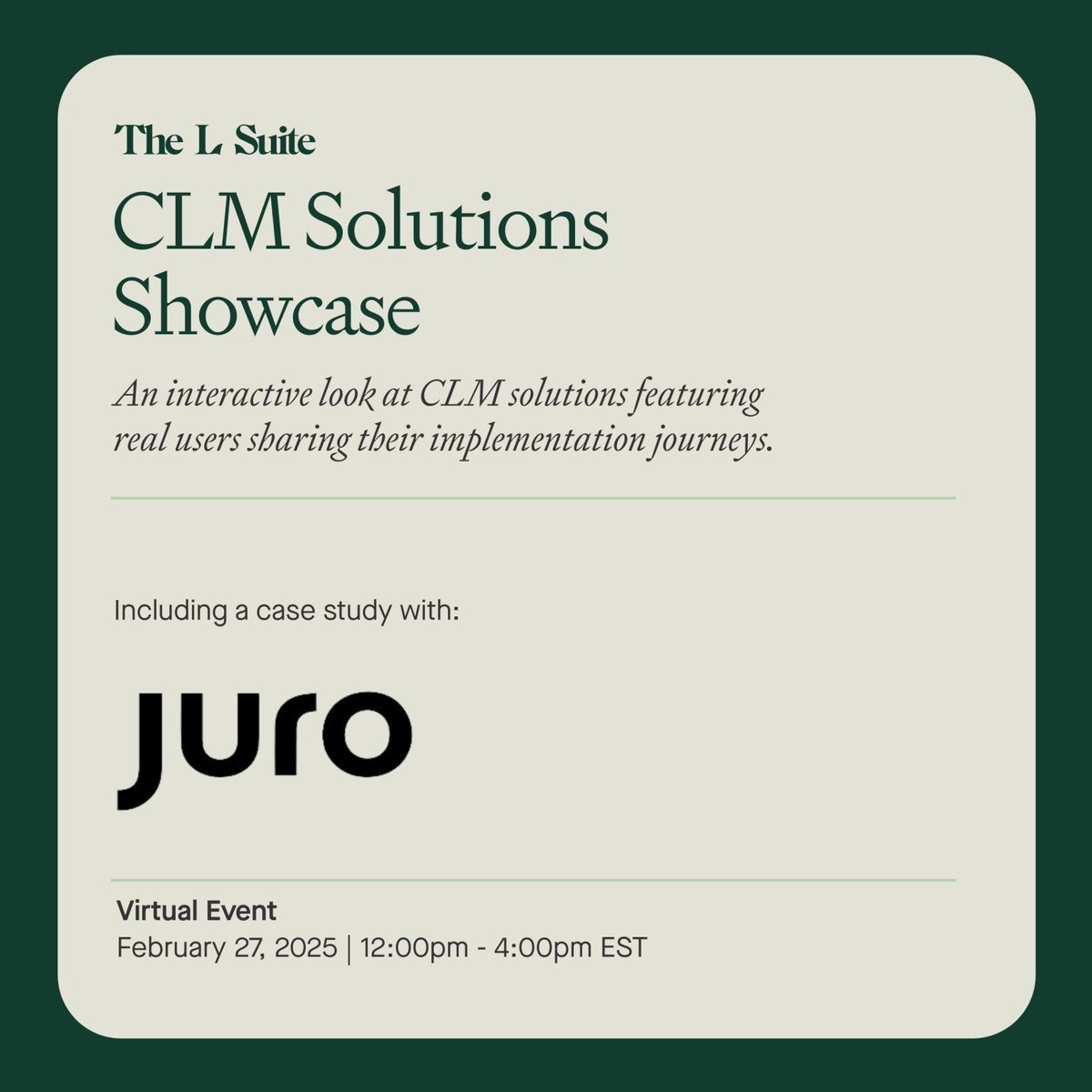 Juro (@getjuro) on Twitter photo Weāre thrilled to be taking part in The L Suite (TechGC)ās ššš š¦š¼š¹ššš¶š¼š»š š¦šµš¼šš°š®šš² š¼
The event is an interactive, virtual demo day taking place this TOMORROW 27th February - open to all in-house legal teams.
Sign up: events.lsuite.co/clmdemoday/juro Weāre thrilled to be taking part in The L Suite (TechGC)ās ššš š¦š¼š¹ššš¶š¼š»š š¦šµš¼šš°š®šš² š¼
The event is an interactive, virtual demo day taking place this TOMORROW 27th February - open to all in-house legal teams.
Sign up: events.lsuite.co/clmdemoday/juro