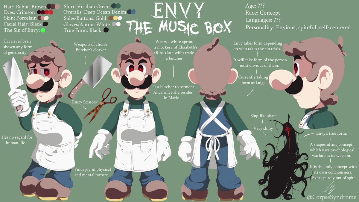 (Mario) The Music Box   
*Fixed version, there was a slight mistake with the previous was like 3am so yeah-*

Luigi's alter ego "Envy" is completed! Just like Luigi it didn't need a sheet but did it anyway.

 #MTMB #MarioTheMusicBox