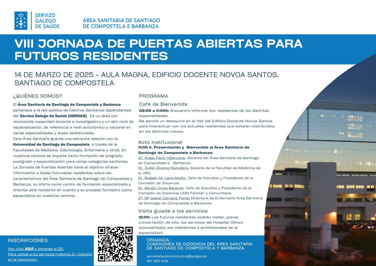 📢El viernes 14 de marzo contamos con  la visita de los futuros/as residentes a nuestra #JornadaPuertasAbiertas en el Clínico. 

Oportunidad perfecta para conocernos y resolver dudas. Os esperamos! 

🗓️ Fecha: 14 de marzo
🕒 Hora: Desde las 9.00h
📍 Ubicación: H. Clínico