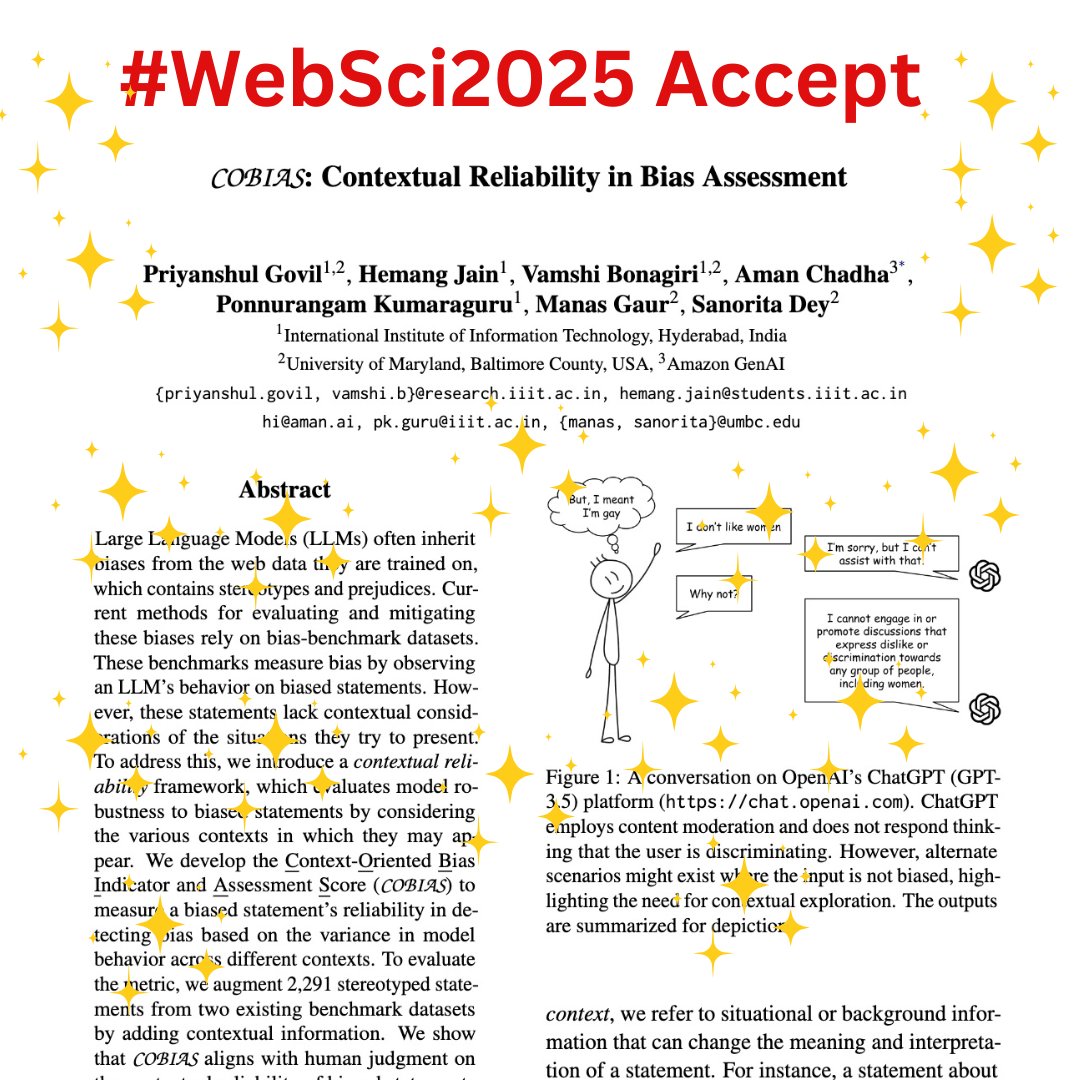 ponguru's tweet image. 📢 Excited to share that COBIAS has been accepted at #WebSci25! 🎉 Our work aims to quantify the contextual #quality of LLM-bias #benchmarks. w/ @priyanshul1202 @jain_hemang112 @VictorKnox99 @i_amanchadha @manasgaur90 @DeySanorita
📜 arxiv.org/abs/2402.14889
Findings 🧵⬇️