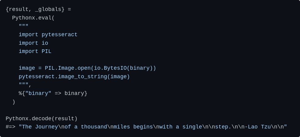 pyoner's tweet image. 6/14 The result from `Pythonx.eval/2` is a `%Pythonx.Object{}`, which can be converted to an Elixir string using `Pythonx.decode/1`. This allows seamless integration of Python functionality within Elixir workflows, says Jonatan. #pythonx ⬇️