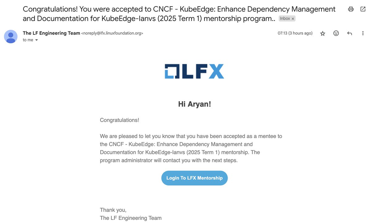 AryanNanda17's tweet image. Selected for a @CloudNativeFdn funded project @KubeEdge !

#CNCF #KubeEdge #LFX