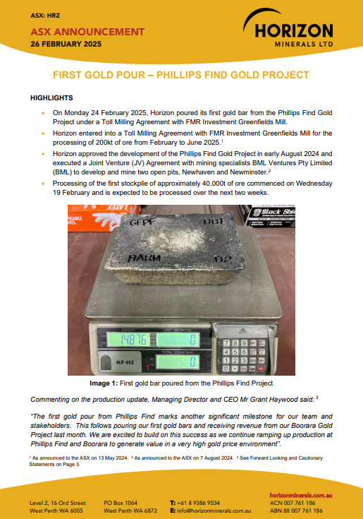 First gold pour at Phillips Find: Mining at Newhaven &amp; Newminster is progressing safely, with ore processing underway at Greenfields Mill. A second campaign is set for April as part of our 200kt plan: bit.ly/4be3zvL

$HRZ #HorizonMinerals
