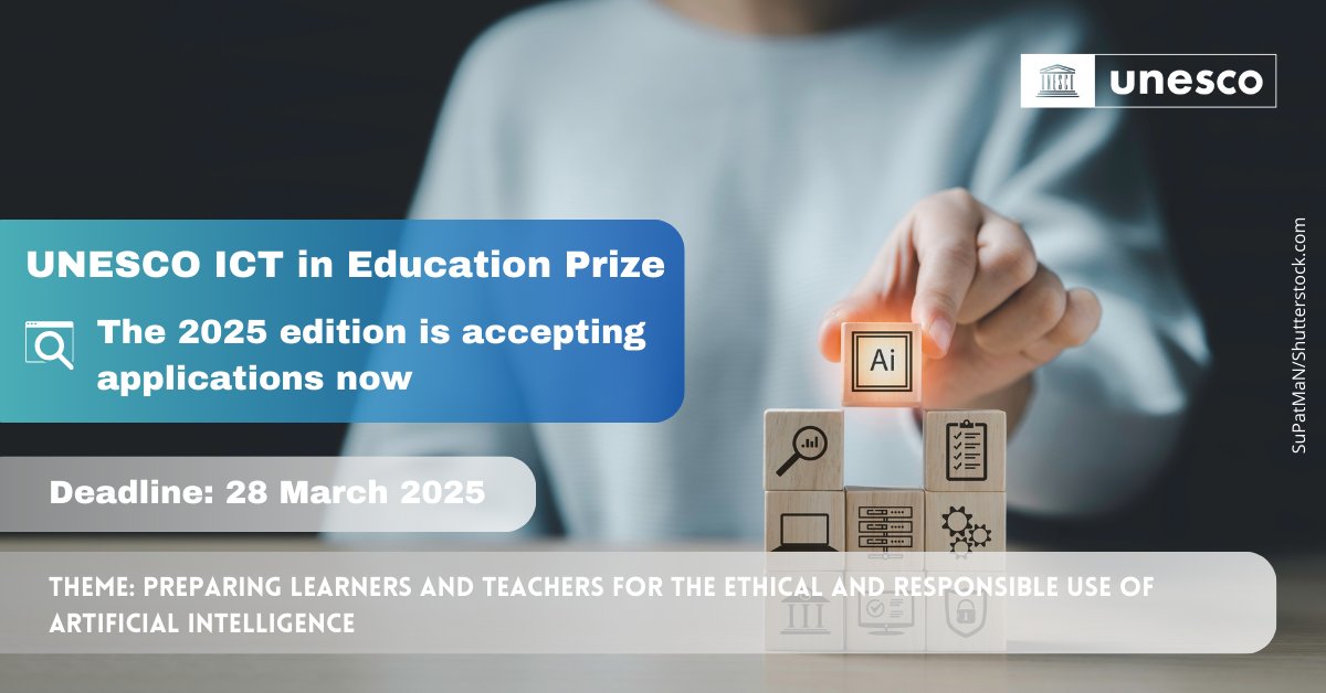 UnescoPakistan's tweet image. 🚀 UNESCO’s King Hamad Bin Isa Al-Khalifa Prize for ICT in Education is open! Focus: “Ethical AI use in education.”
🏆 4 winners get $25K + global recognition. Empowering AI skills? !
🔗 Apply now: bit.ly/4hM3VfC
📅 Deadline: 28 March 2025
#UNESCO #Education #AI