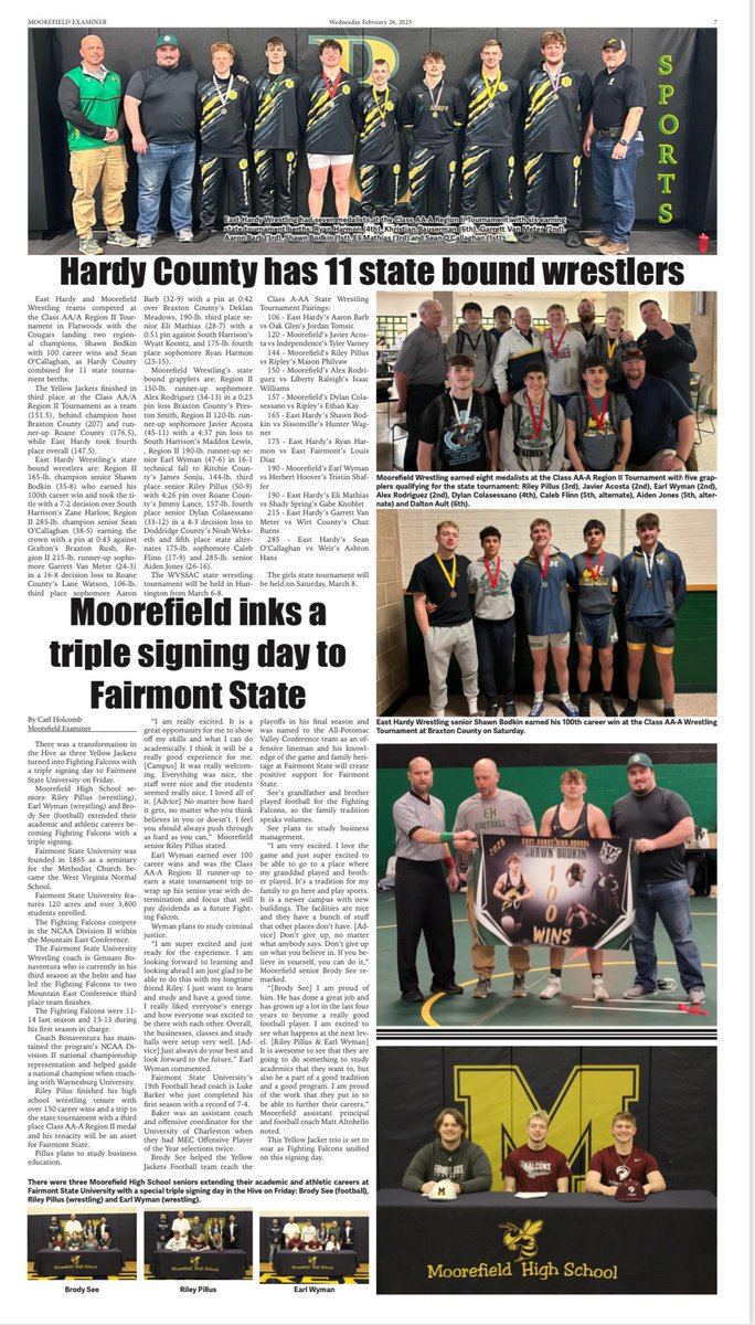 jacketscougars's tweet photo. This week’s sports edition features: Hardy County Wrestling sending 11 to state, MHS triple signing day to ⁦@FairmontState⁩, East Hardy Girls🏀 career points record broken, ⁦@BasketballHardy⁩ vs Pocahontas &amp; Northern, @MFLD_Athletics⁩ Boys🏀vs ⁦@PetersburgHS⁩ https://t.co/TkpGmlSIVJ