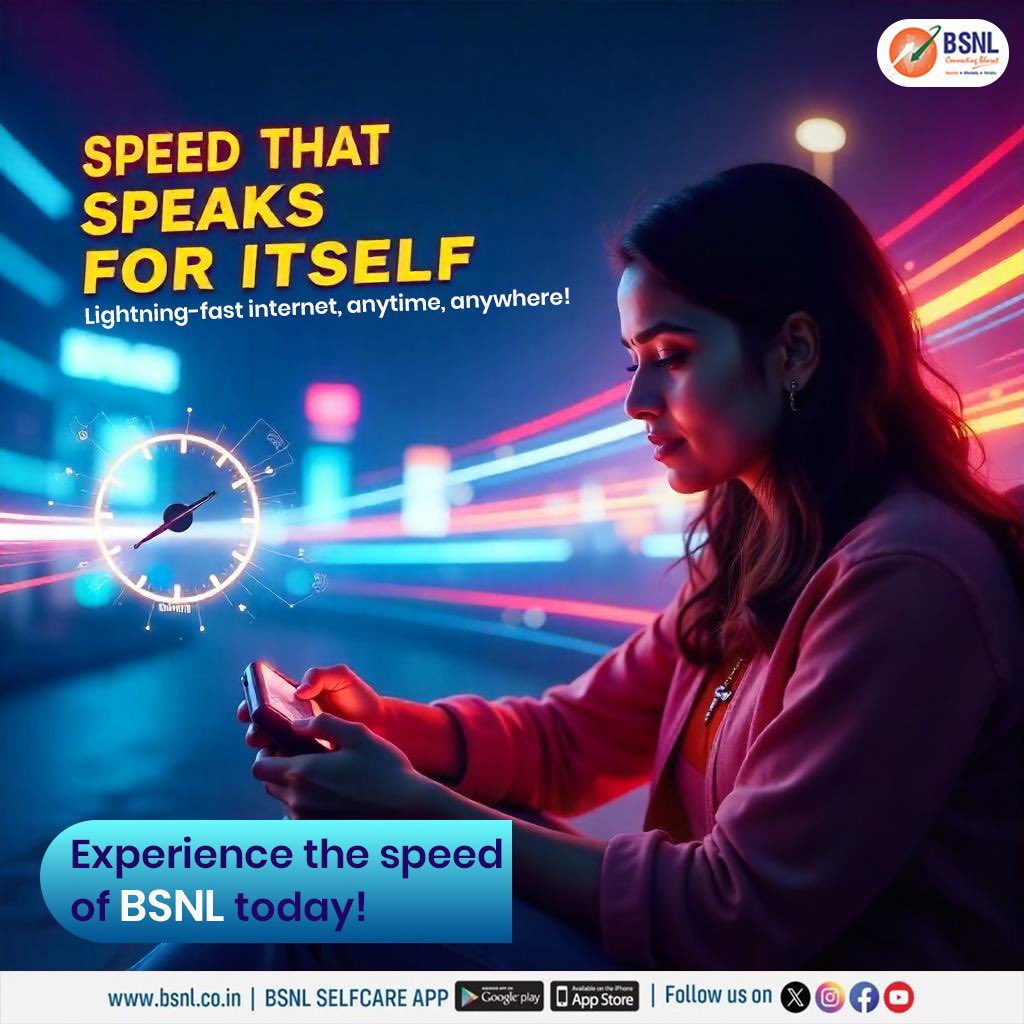 BSNLCorporate's tweet image. Unmatched speed that says it all. 

Enjoy lightning-fast internet, wherever you are, whenever you need it. 

Discover the power of BSNL’s speed today. 

#BSNLIndia #LightningFast #SpeedRedefined