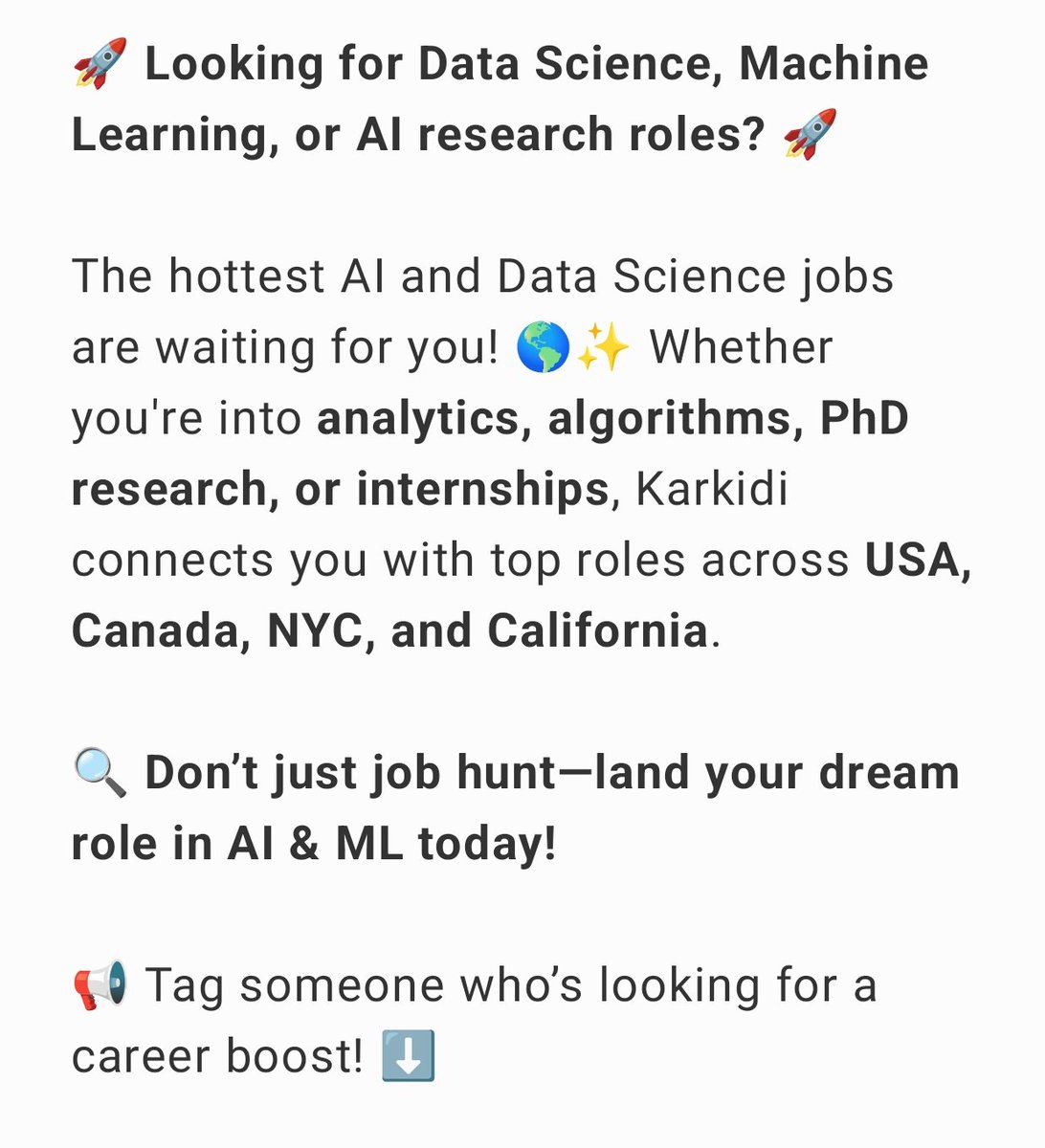 karkidi_com's tweet image. Don’t just job hunt—land your dream role in AI &amp;amp; ML today!

📢 Tag someone who’s looking for a career boost! ⬇️

#Hiring #AIJobs #DataScienceJobs #MLJobs #TechCareers #PhD #Internships #Karkidi