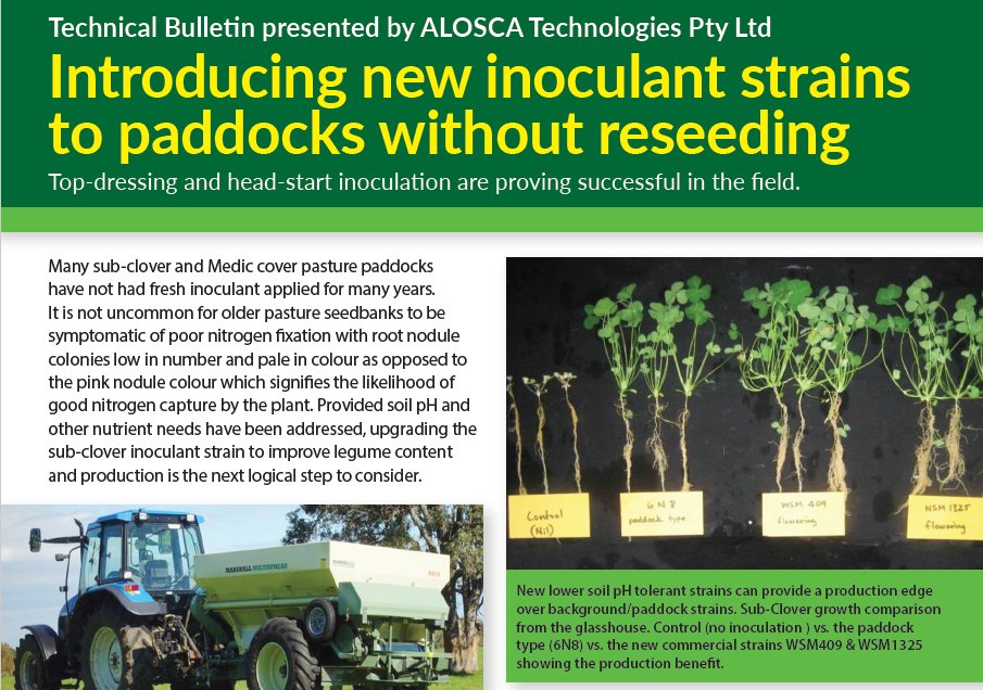 Topdressing Pastures??

Adding ALOSCA Granules can rejuvenate sub-clover and Medic pasture paddocks with newer strains of Rhizobia inoculant. Contact Peter on 0487 776 022 to discuss or see the bulletin attached for further details.
tinyurl.com/5eb737k5
#ALOSCA #Pastures