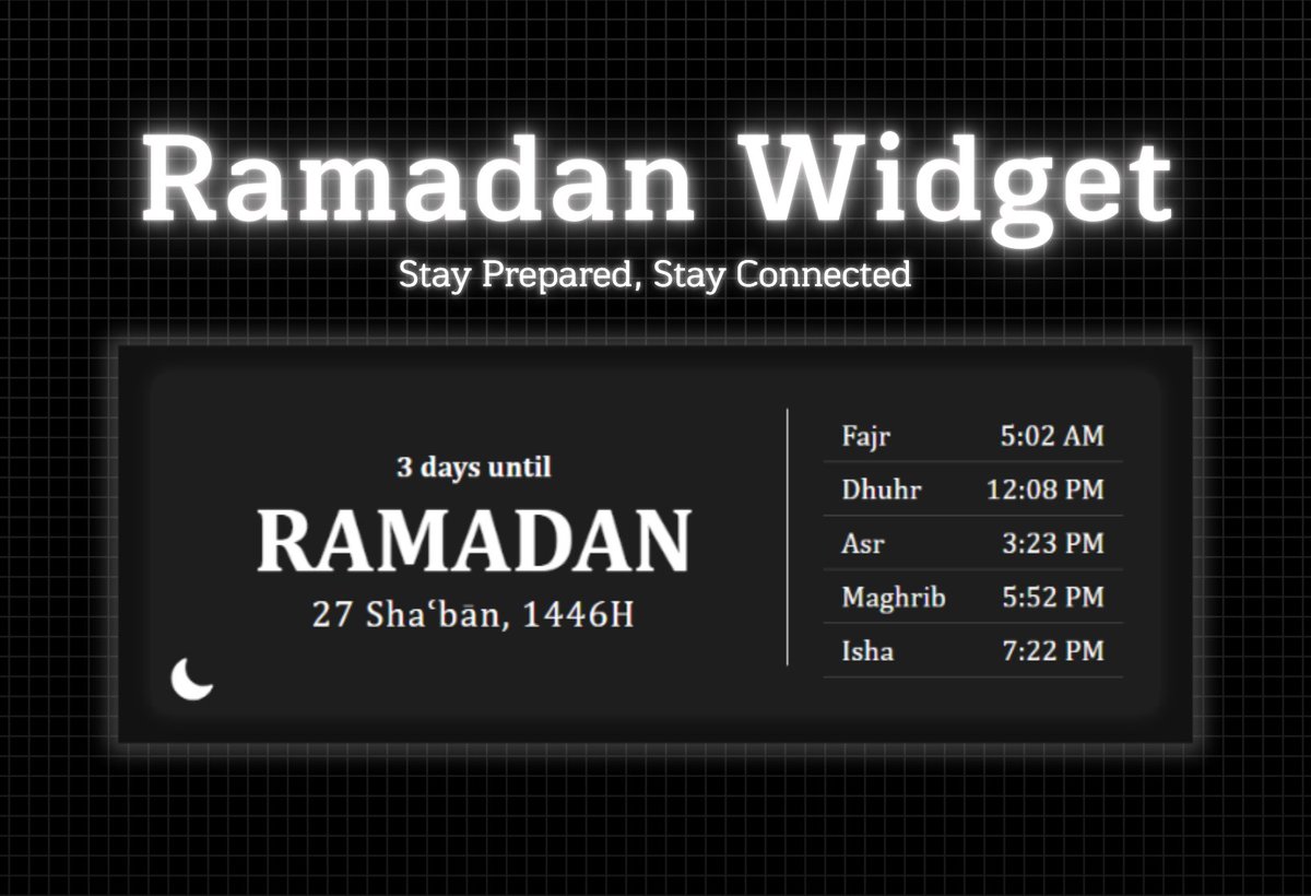 engmsyasser's tweet image. 🌙 Ramadan is almost here! 🕌✨

I built a Notion widget to display:

✅ Countdown to Ramadan 🗓️
✅ Live Prayer Times ⏳
✅ Easy to integrate into Notion
✅ Minimal &amp;amp; clean design 🌙

Link in the comments! 💬

Would you use this? Let me know! ⬇️

#Ramadan #Notion #IslamicTools