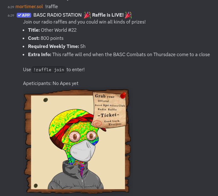 Ṃøятɨɱeɍ (@akamorti) on Twitter photo A new raffle is available on our official #BASC radio until Thursday. Hope you like it!
We recommend participating in the radio for at least 1 hour a day, prizes may increase, and so might their requirements.
#Solana <a href="/BoredApeSolClub/">Bored Ape Solana Club</a> A new raffle is available on our official #BASC radio until Thursday. Hope you like it!
We recommend participating in the radio for at least 1 hour a day, prizes may increase, and so might their requirements.
#Solana <a href="/BoredApeSolClub/">Bored Ape Solana Club</a>