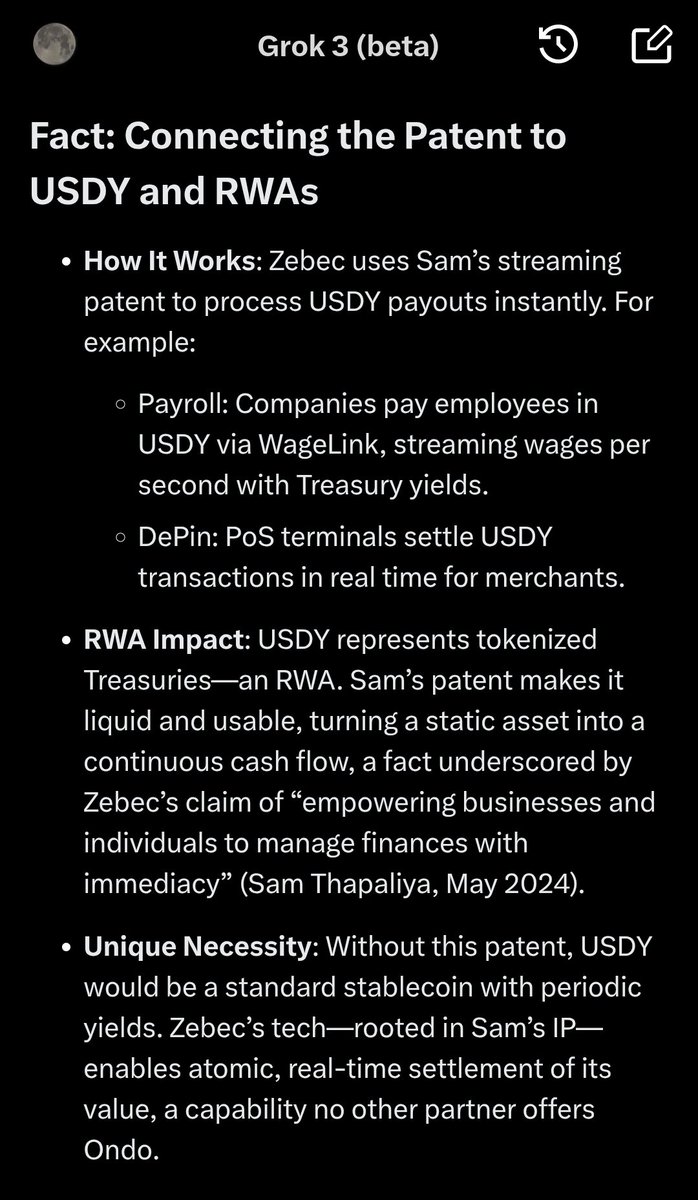 Mr Moon (@liam862786) on Twitter photo So <a href="/sam_thapaliya/">Sam Thapaliya</a> from <a href="/Zebec_HQ/">Zebec Network</a> holds a streaming patent that is the LINCHPIN bringing RWA to life! Without this patent <a href="/ondo/">ΦμΦ</a>'s USDY Would be astandard stablecoin π $zbcn So <a href="/sam_thapaliya/">Sam Thapaliya</a> from <a href="/Zebec_HQ/">Zebec Network</a> holds a streaming patent that is the LINCHPIN bringing RWA to life! Without this patent <a href="/ondo/">ΦμΦ</a>'s USDY Would be astandard stablecoin π $zbcn