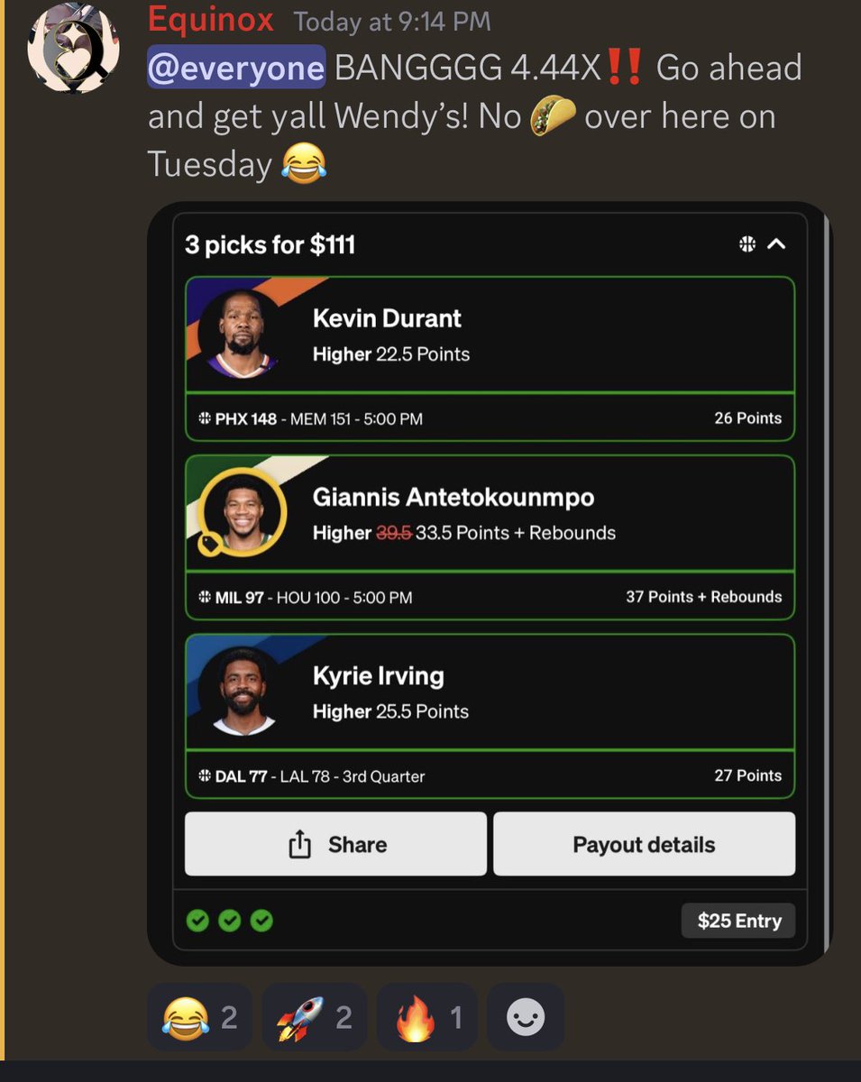 Essdee91's tweet photo. Sometimes less is more!!! Our discord just hit our biggest overall win today! Our main 3 mods (including myself) went BONKERS!!!!! Raining units today. Let’s keep it going. Link in bio! 💵🔥 #D2FAM #GamblingCommunity #GamblingTwitter @D2_Pickz @equinoxlocks https://t.co/EvU2Q4d13F