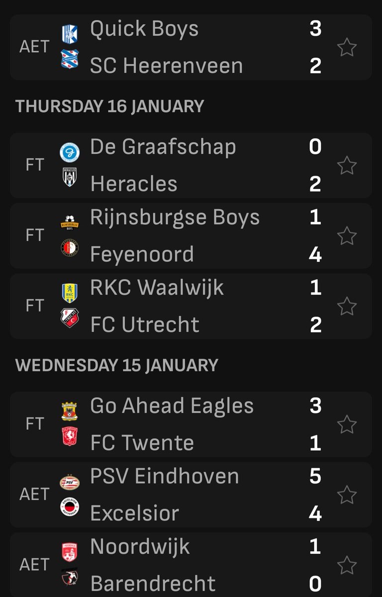 Werner Martens (@wernermartens82) on Twitter photo Misschien ook eens het bekertornooi herbekiiken en afstappen van geleide loting en dat er meer spankracht komt en ook het charme vh bekervoetbal weer terugkomt...
In NL bij de laatste 16:
Eredivisie: 10
KKD: 2
Tweede Div: 4
<a href="/DeefPeters/">Dave Peters</a> <a href="/samkerkhofs/">Sam Kerkhofs</a> Misschien ook eens het bekertornooi herbekiiken en afstappen van geleide loting en dat er meer spankracht komt en ook het charme vh bekervoetbal weer terugkomt...
In NL bij de laatste 16:
Eredivisie: 10
KKD: 2
Tweede Div: 4
<a href="/DeefPeters/">Dave Peters</a> <a href="/samkerkhofs/">Sam Kerkhofs</a>