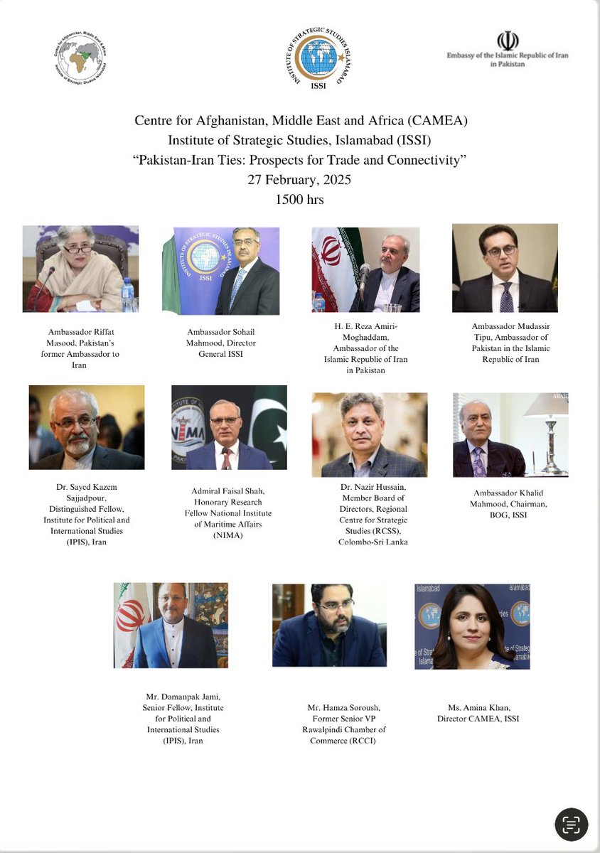 Join us tomorrow at <a href="/ISSIslamabad/">Institute of Strategic Studies Islamabad</a> at 1500 hrs  for the Seminar on Pakistan-Iran Ties: Prospects for Trade and Connectivity 

<a href="/RiffatM/">Riffat Masood</a> <a href="/IPIS_Iran/">IPIS</a> <a href="/Sheeshgar1/">Sheeshgar</a> <a href="/AmbMudassir/">Ambassador Mudassir</a> <a href="/ForeignOfficePk/">Ministry of Foreign Affairs - Pakistan</a> <a href="/IraninIslamabad/">Embassy of Islamic Republic of Iran- Islamabad</a>