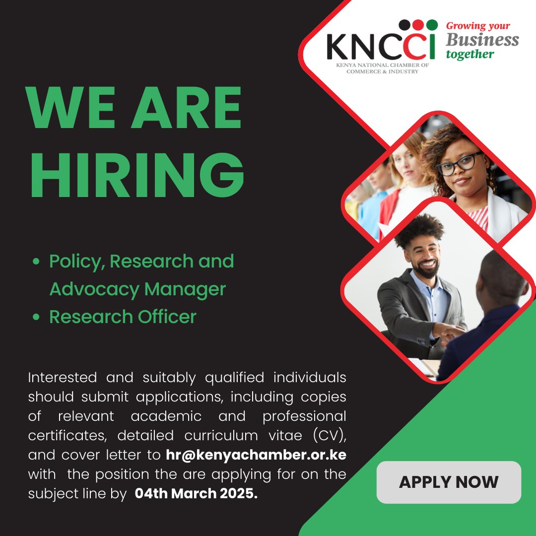 🚨 #IkoKaziKE: We’re Hiring! 🚨

📌 Policy, Research &amp; Advocacy Manager
📌 Trade Research Officer

🔎 More details &amp; application: kenyachamber.or.ke/workwithus/

⏳ Hurry—don’t miss out! Apply NOW! #CareerOpportunity